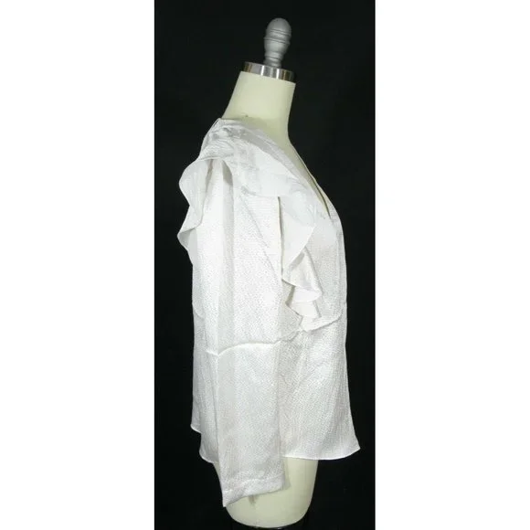 REBECCA TAYLOR Size 2 Ivory Long Sleeve Ruffle Hammered Silk V neck Blouse Top - Picture 2 of 4